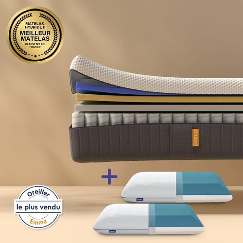 Emma | Pack Matelas Hybride Ii 180x200 + Oreillers Original | Mémoire De Forme+Ressorts | Meilleur Choix Emma | Respiration Maximale