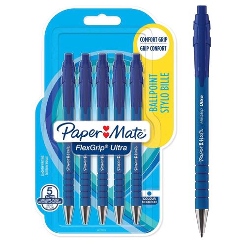 Paper Mate Flexgrip Ultra Stylo Bille Rétractable, Pointe Moyenne (1,0 Mm), Encre Bleue, Lot De 5