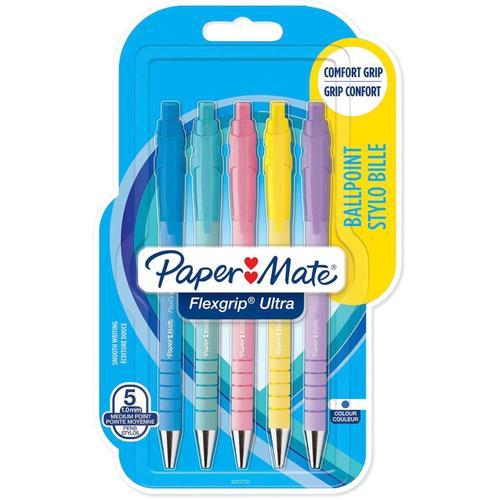 Paper Mate Flexgrip Ultra Stylo Bille Rétractable | Pointe Moyenne (1,0 Mm) | Encre Bleue | Couleurs Pastel | Lot De 5