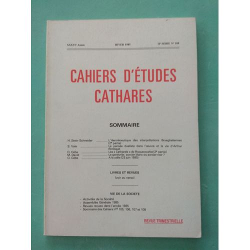 Cahiers D'etudes Cathares  N° 108 : Hiver 1985