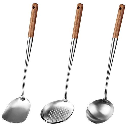 Wok Spatule Et Louche, Ensemble D'Outils Louche D'Écumoire, Spatule De 17 Pouces Pour Wok, Spatule Wok En Acier Inoxydable 304 9109-May14A21581