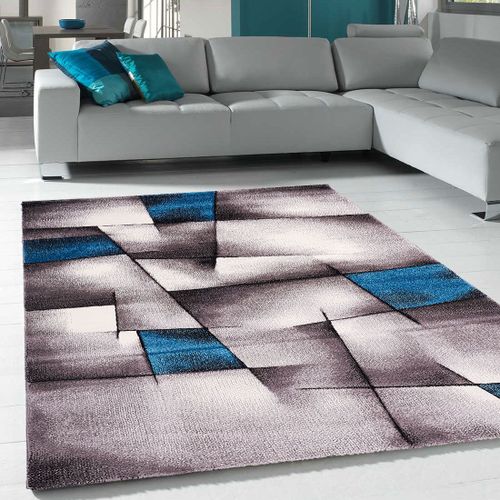 Tapis Salon 120x170 Tissé Turquoise Rectangle Motif Géométrique Lyn8 Triangula