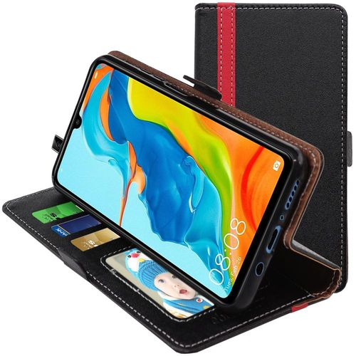 Ebeststar - Coque Huawei P30 Lite (2019) Etui Portefeuille Porte-Cartes Support Stand, Noir / Rouge [Dimensions Precises Smartphone : 152.9 X 72.7 X 7.4mm, Écran 6.15'']