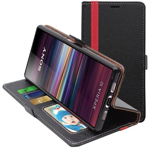 Ebeststar - Coque Sony Xperia 10 (2019) Etui Portefeuille Porte-Cartes Support Stand, Noir / Rouge [Dimensions Precises Smartphone : 155.7 X 68 X 8.4mm, Écran 6.0'']