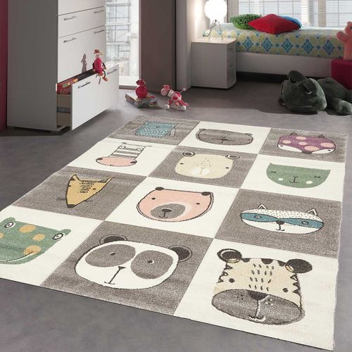 Tapis Enfant 140x140 Carré Tissé Gris Motif Animaux Zoo 2