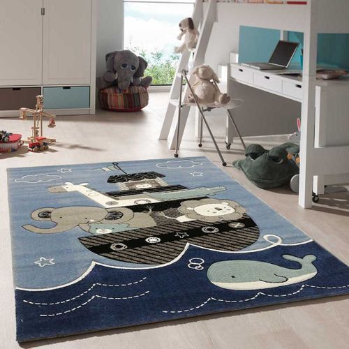 Tapis Enfant 60x110 Rectangle Tissé Bleu Motif Animaux Etelda