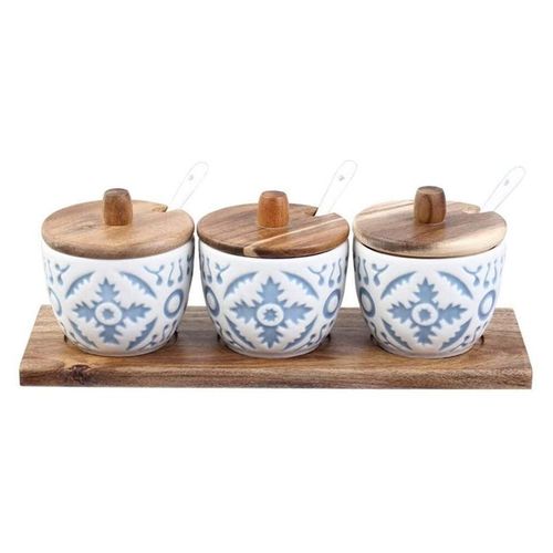 Pot D'Assaisonnement En Céramique Gaufré Style Européen, Pot D'Assaisonnement Combiné En Bois Avec Cuillère Pour La Cuisine Domestique 9109-May14A27933