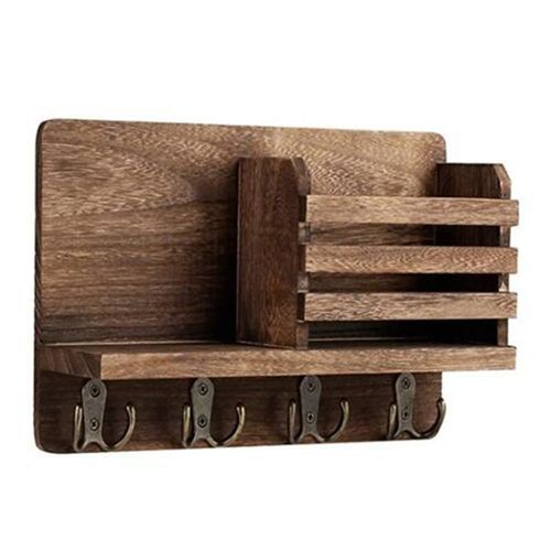 Organisateur D'enveloppe De Courrier D'entrée Avec 4 Crochets De Clé Muraux, Étagère De Porte Courrier En Bois Rustique Avec Crochets De Clé Pour Mur 9109-May14a27664