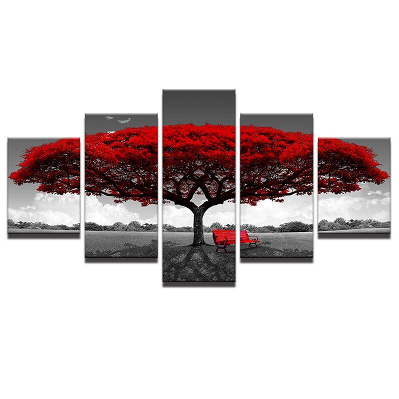 5 Panneau Mural Art Peinture Nature Grand Arbre Rouge pour Le Bureau à  Domicile Décoration Salon Moderne XXL Impression sur Toile 5 Parties Tableau  intissee 150x80cm