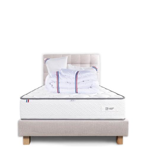 Ensemble Luxury Literie Matelas Iris 140x200 Cm, 2 Oreillers, Couette, Sommier, Tête De Lit Beige