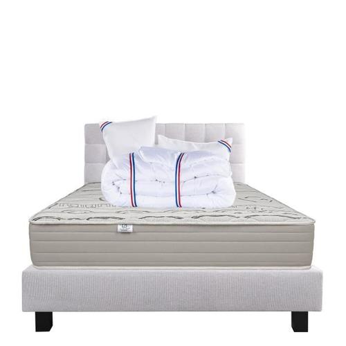 Ensemble Matelas Organic Coton 140x200 Cm + 2 Oreillers + Couette + Sommier + Tête De Lit Gris