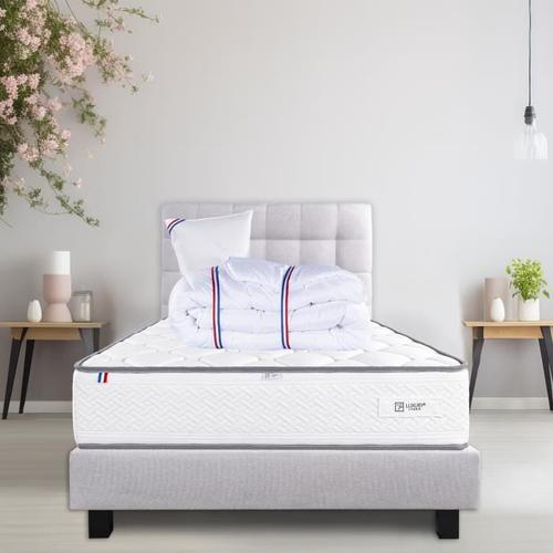 Ensemble Matelas Iris, 20 Cm Mémoire De Forme Ferme Réversible+Sommier Gris Ep20cm + Oreiller + Couette + Tdl