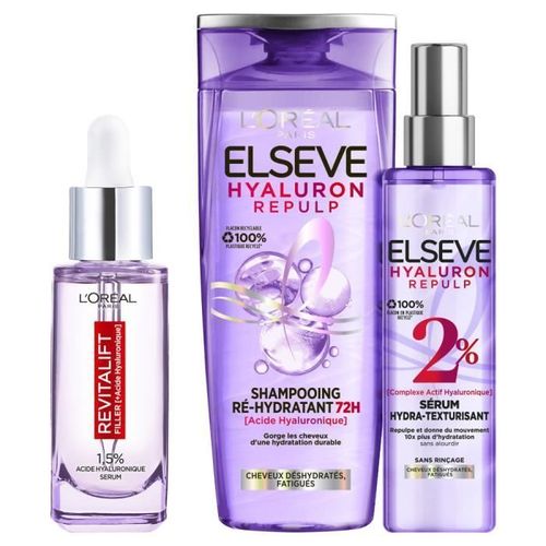 Routine Beauté Visage Et Cheveux Acide Hyaluronique - Sérum Revitalift Filler Anti-Rides 30ml - Shampooing Elseve Hyaluron Repul 