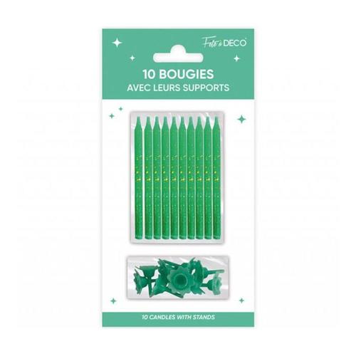 10 BOUGIES AVEC BOBÈCHES ANNIVERSAIRE 7.5CM VERT