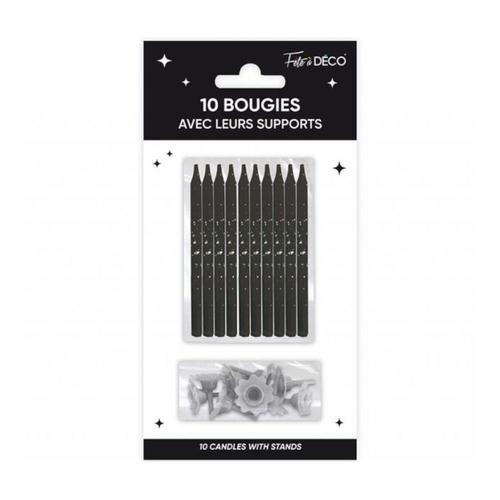 10 BOUGIES AVEC BOBÈCHES ANNIVERSAIRE 7.5CM NOIR