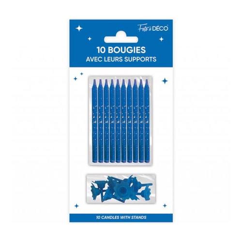 10 BOUGIES AVEC BOBÈCHES ANNIVERSAIRE 7.5CM BLEU