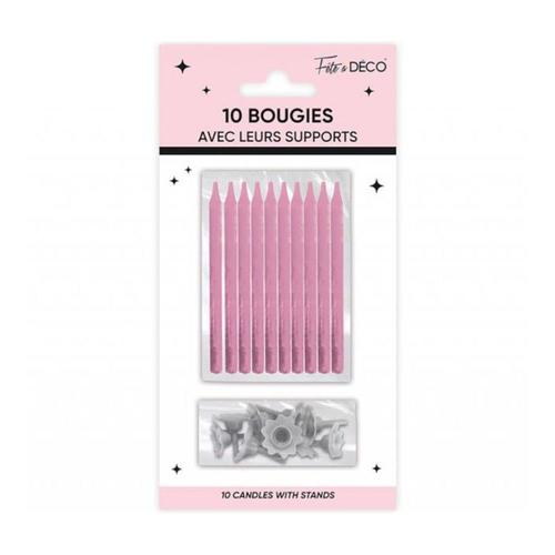 10 BOUGIES AVEC BOBÈCHES ANNIVERSAIRE 7.5CM ROSE