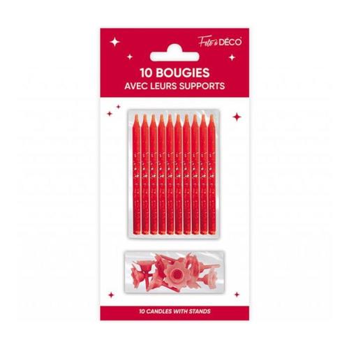 10 BOUGIES AVEC BOBÈCHES ANNIVERSAIRE 7.5CM ROUGE