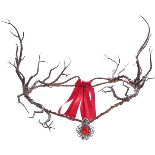 Elfe Headpiece Simulate Tree Branches Fairy Bandband avec pendentif et rubans Renaissance Forest Costume Costume Elven Headpiece Crown For Women Girls Christmas Halloween Cosplay Wedding Red