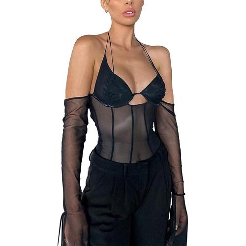 Femmes Mesh Patchwork Top Voir À Travers Halter Backless Off Épaule Évider Slim Fit Tee Shirt Sexy Hors Épaule Patchwork À Manches Longues Top