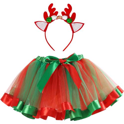 Costume De Danse De Noël Pour Fille 2 Pièces/Ensemble Jupe Tutu De Noël Avec Bandeau De Renne Tenue De Noël Pour Tout-Petits Pour Déguisement De Noël