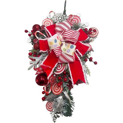 Couronne Fleurs Halloween Couronne de noël pour Porte de noël, Bonbons, décoration d'arbre à l'envers, Accessoires de décoration de noël Anneau Attrape Rêve (Red, One Size)