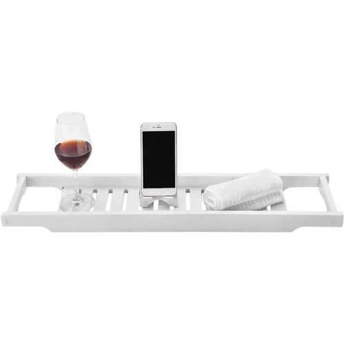 Plateau De Bain De Qualité Supérieure Baignoire Extensible Baignoire Simple Plateau Bois Blanc Salle De Bains Conseil Rack Organisateur Étagère Multifonctionnelle, Blanc