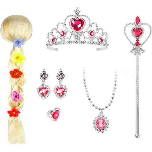 Set d'Accessoires de Princesse,Princesse Raiponce Tresse,Perruque Princesse Tressée,avec Diadème,Baguette,Collier,Bague,Boucles d'oreilles,pour jeux de rôle,Mascarade, Fête d'Anniversaire