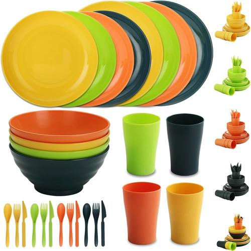 1. Kolovl Assiettes Service De Table Plastique 28 Pcs, Vaisselle Et Arts De La Table Non Fragile Et Léger Idéal Pour Voyage, Pique Nique, Intérieur, Extérieur, Micro Ondes Sécurité