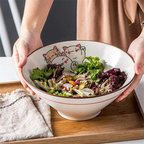 Lixue Grande Soupe Ramen Noodle Bowl Salade De Fruits Pates Mélange Bol De Service Creative Céramique Peint À La Main Chats Vaisselle Micro-Ondes Safe (Size : 9 Inches)