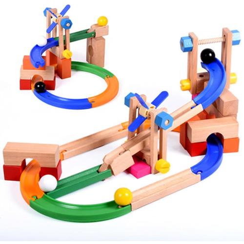 Jeux Montessori 2 Ans,Jeu De Boules En Bois,46pcs Blocs Géométriques De Construction,Livré Avec Un Moulin À Vent, Plusieurs Rails Et Balles En Bois,Des Jouets En Bois Pour Les Enfants De 2 3 4 5+ Ans