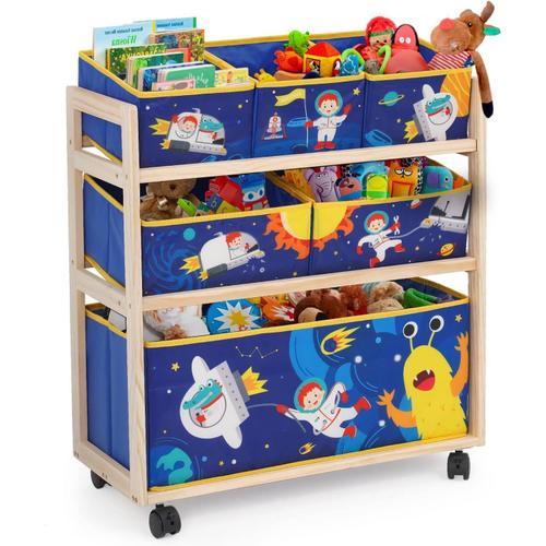 Étagère De Rangement Enfant Pour Jouets Et Livres À 4 Roues Boîtes Amovibles Tissu Non-Tissé, Pour Chambre D¿Enfant, Salle De Jeux, Garderie, École, 64 X 28 X 60 Cm, Modèle D'aventures De Monstres