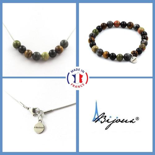 Parure Bracelet Collier Perles Labradorite + Oeil De Tigre + Unakite + Taille Personnalisable.