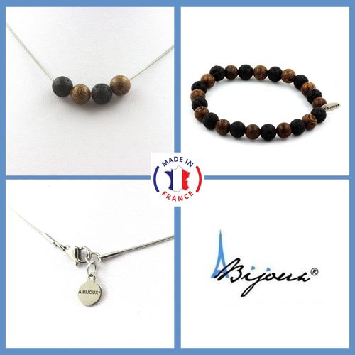 Parure Bracelet Collier 4 Perles Lave + Bois 8 Mm. Chaine En Acier Taille Personnalisable.