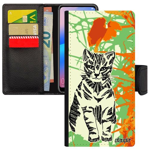 Coque Pour Huawei P30 Lite Simili Cuir Chat Dessin Orange Jolie Personnalisé Portable De Protection Cover Tribal Fleur Felin Azteque