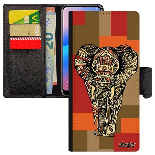 Coque Honor 8x Rabat Silicone Elephant Dessin D'asie Tribal Animaux Femme Savane Cube Cover Noir Et Blanc Antichoc Telephone Housse