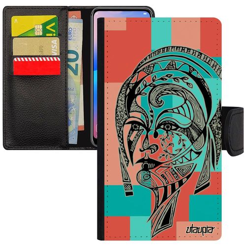 Coque À Rabat Iphone X Femme Case Smartphone Fee Portrait Graphique Tribal Dessin Magnetique Cube Fille Housse Carré Rose De