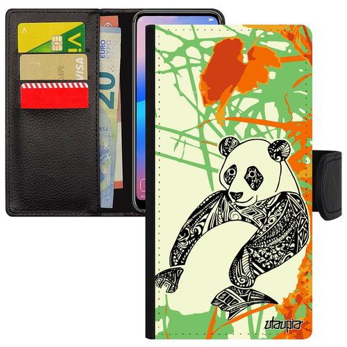 Coque Huawei P10 Lite Cuir Portefeuille Panda Ethnique Unique Animaux Pu Orange Asie Fille Tribal Dessin Chine Feuilles Rigide Etui