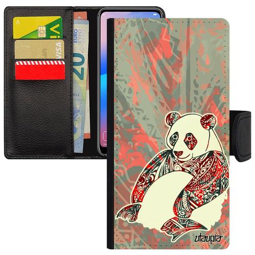 Coque Samsung Galaxy S7 Edge Cuir Rabat Portefeuille Silicone Panda Multicolore Azteque Tribal Smartphone Etui Ethnique Dessin Plume