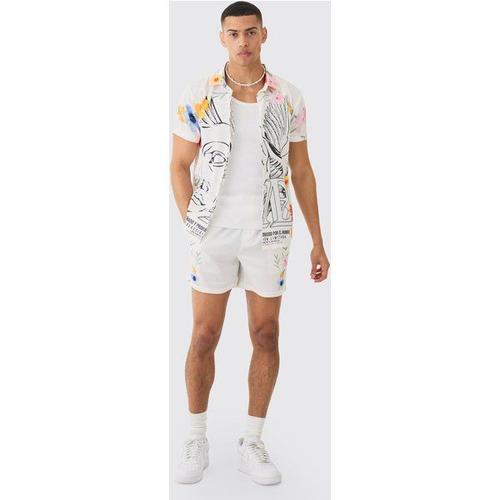 Floral Short Sleeve Satin Shirt & Short Set Homme - Gris - Xs, Gris