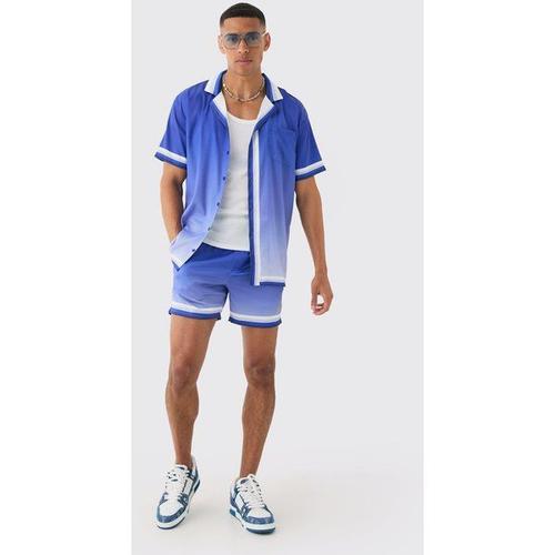 Oversized Ombre Short Sleeve Satin Shirt & Short Set Homme - Bleu - Xl, Bleu