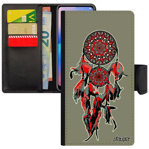 Coque Apple Iphone 5 5s Se En Cuir Attrape Reve À Clapet De Luxe Dreamcatcher Noir Esprit Hippie Design Maya Enfant Antichoc Rouge
