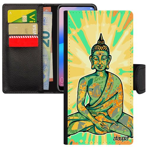 Coque Honor 8a Simili Cuir Portefeuille Porte Cartes Bouddha Vert Inde Etui Illustration Assis Motif Tibet Soleil 4g Zen Graphique