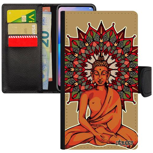 Coque Bouddha À Rabat Samsung Galaxy J3 2015 Cuir Silicone Nepal D'or Case Mandala Aimantée Yoga Femme Smartphone Pochoir Rosace De