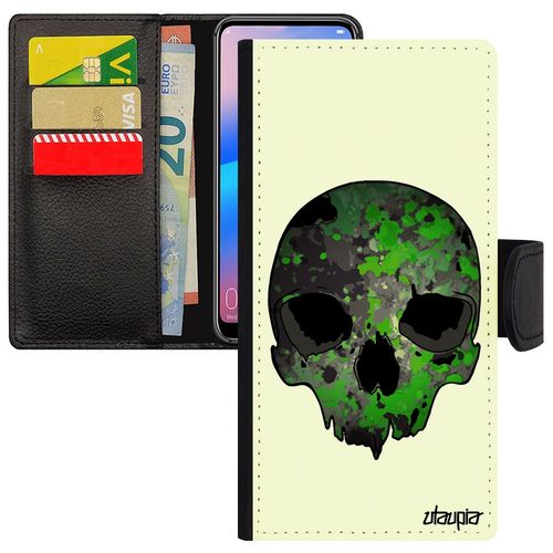 Coque Rabat Huawei Y6 2018 Simili Cuir Porte Cartes Tete De Mort Vert Homme Bumper Tattoo Os Techno Street Art Urbain Portable Crane