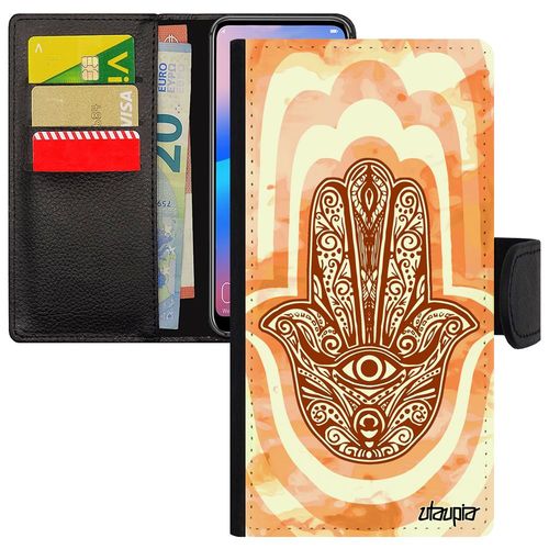 Coque Huawei Y5 2018 En Simili Cuir Rabat Main De Fatma Antichoc Fatima Dessin Personnalisé Khamsa Telephone Orange Afrique Du Nord