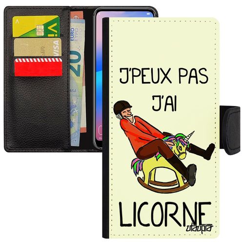 Coque Antichoc Huawei P10 Lite Rabat Portefeuille Porte Cartes J'peux Pas J'ai Licorne Humoristique Drole Smartphone Humour Etui De