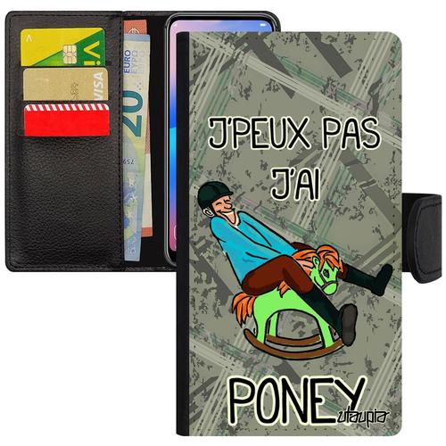 Coque Iphone X Simili Cuir Rabat Portefeuille Porte Cartes J'peux Pas J'ai Poney Humour Aqua Bande Dessinée Equitation Comique