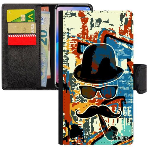 Coque Telephone Galaxy S7 Simili Cuir Portefeuille Monsieur Moustache Orange Vintage Pipe Peinture Chapeau Melon Motif Homme Samsung