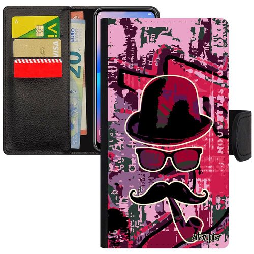 Coque Galaxy J3 2015 Cuir Rabat Monsieur Moustache Unique Graf Rose Noir Chapeau Melon Vintage Rigide Fille Peinture Housse Samsung